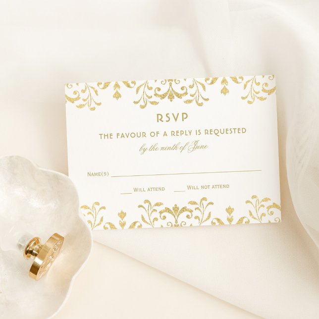 Gold Glitter Damask Border RSVP Card (Creator Uploaded)