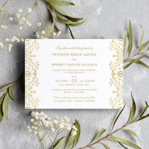 Gold Glitter Damask Border Wedding Invitation