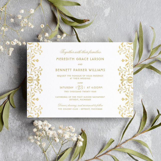 Gold Glitter Damask Border Wedding Invitation (Creator Uploaded)