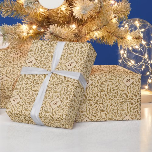 Gold Glitter Damask Pattern  Monogrammed Christmas Wrapping Paper