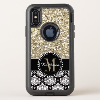 Gold Glitter Damask Personalized Monogrammed Otterbox Defender Iphone Xs Case by CoolestPhoneCases at Zazzle
