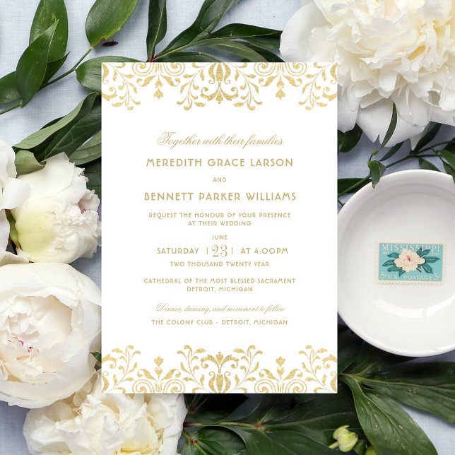 Gold Glitter Damask Top Bottom Wedding Invitation (Creator Uploaded)