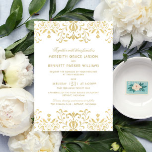 Gold Glitter Damask Top Bottom Wedding Invitation