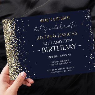 Gold Glitter Dark Blue Double Birthday Party Invitation
