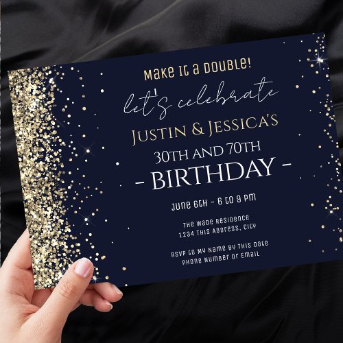 Gold Glitter Dark Blue Double Birthday Party  Invitation