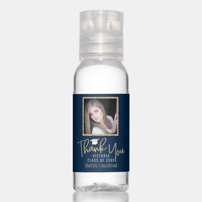 Gold Glitter Dark Blue Photo Graduation Thank You Hand Sanitizer (Front)