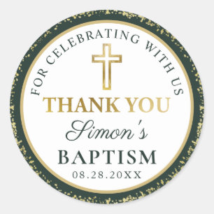 Gold Glitter Dark Green Baptism Thank You Classic Round Sticker