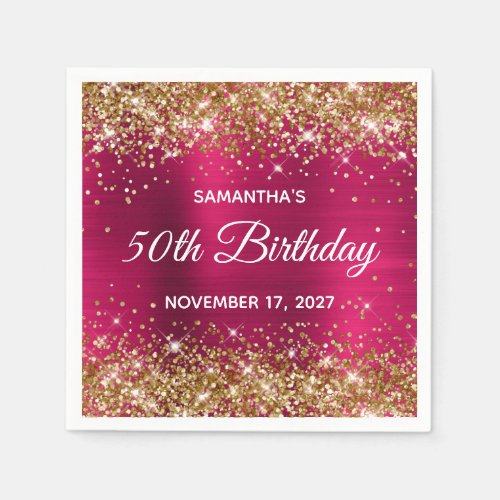 Gold Glitter Dark Pink Foil 50th Birthday Napkins