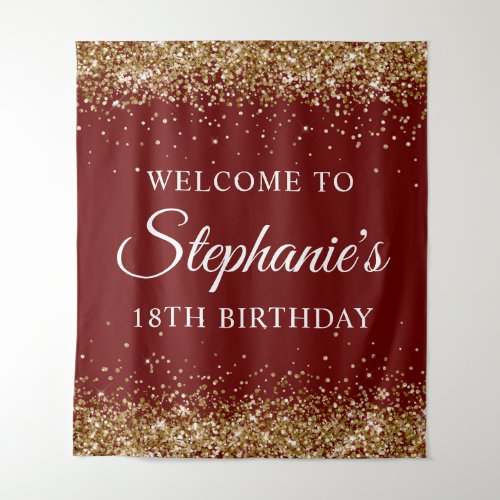 Gold Glitter Dark Red 18th Birthday Party Welcome Tapestry