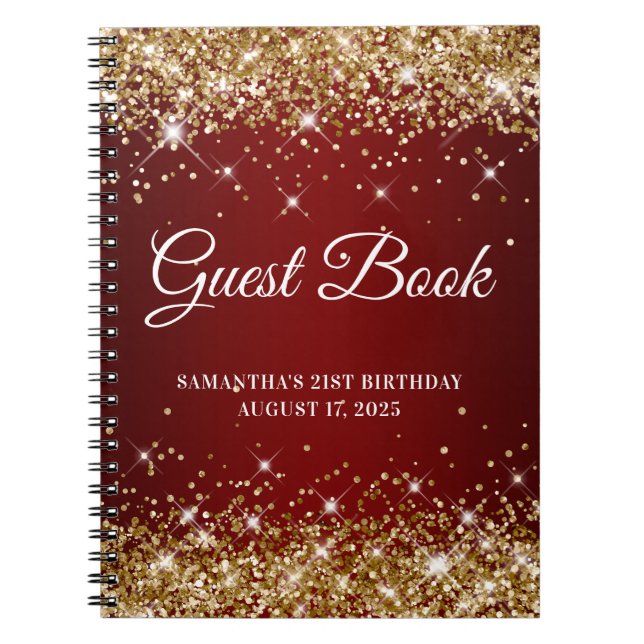 Gold Glitter Dark Red 21st Birthday Guestbook Notebook (Front)