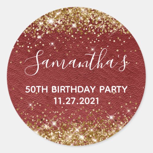 Gold Glitter Dark Red Leather 50th Birthday Party Classic Round Sticker