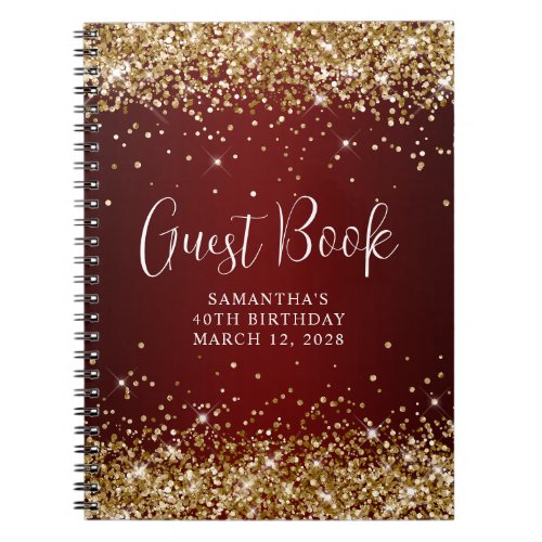 Gold Glitter Dark Red Ombre 40th Birthday Guest Notebook