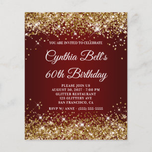 Gold Glitter Dark Red Ombre 60th Birthday Invite