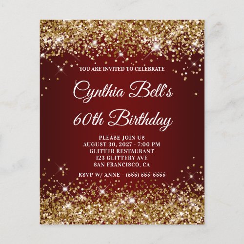 Gold Glitter Dark Red Ombre 60th Birthday Invite