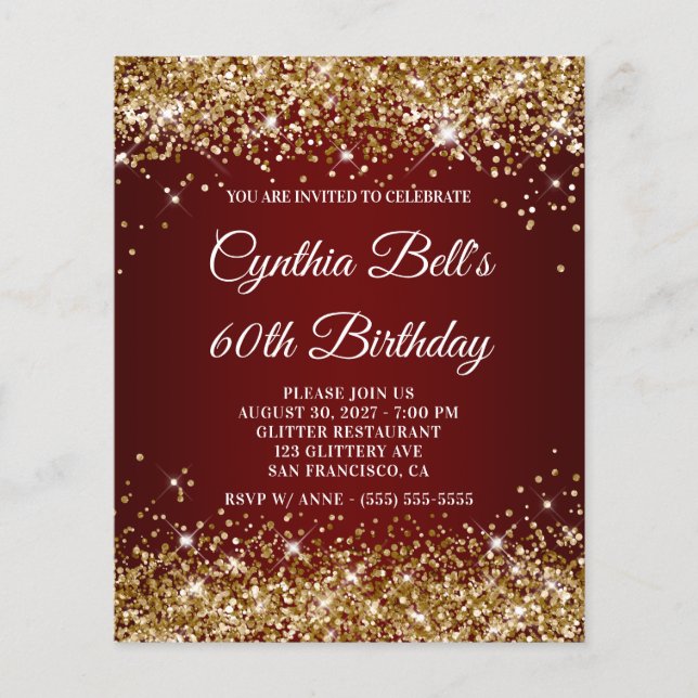 Gold Glitter Dark Red Ombre 60th Birthday Invite Flyer (Front)