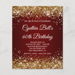 Gold Glitter Dark Red Ombre 60th Birthday Invite Flyer