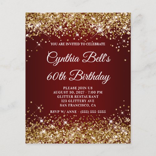 Gold Glitter Dark Red Ombre 60th Birthday Invite Flyer