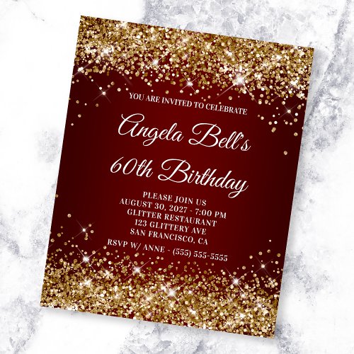 Gold Glitter Dark Red Ombre 60th Birthday Invite Flyer