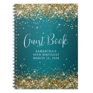 Gold Glitter Dark Turquoise 40th Birthday Guest Notebook