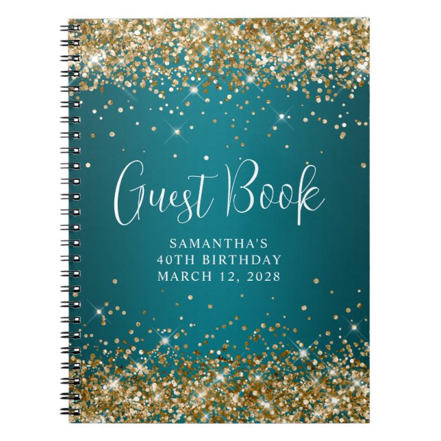 Gold Glitter Dark Turquoise 40th Birthday Guest Notebook (Front)