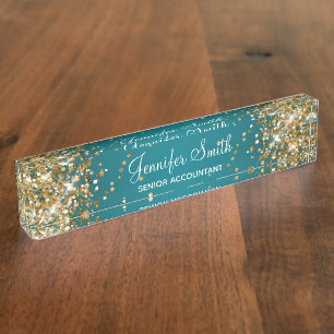 Gold Glitter Dark Turquoise Gradient Desk Name Plate