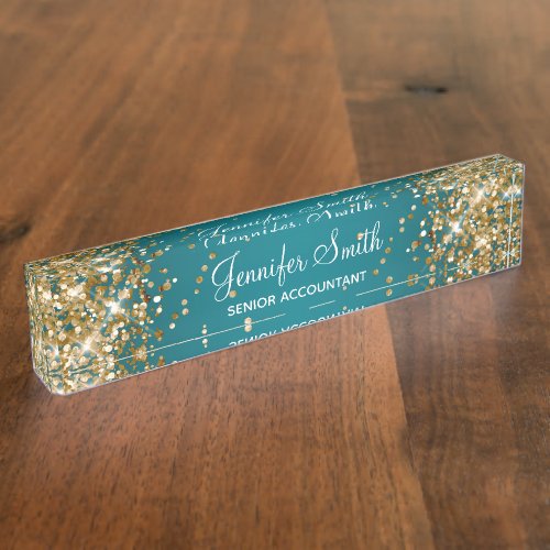 Gold Glitter Dark Turquoise Gradient Desk Name Plate