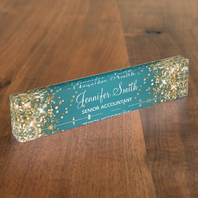 Gold Glitter Dark Turquoise Gradient Desk Name Plate (Side)