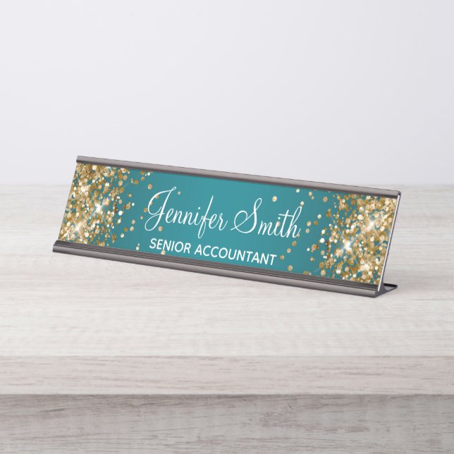 Gold Glitter Dark Turquoise Gradient Desk Name Plate (Front)