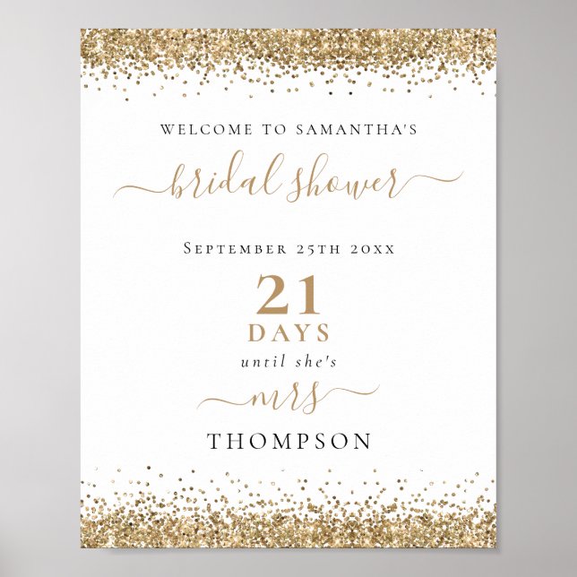 Gold Glitter Days to Wedding Welcome Bridal Shower Poster (Front)