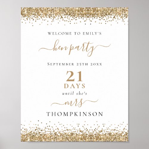 Gold Glitter Days Until Mrs Name Welcome Hen Party Poster