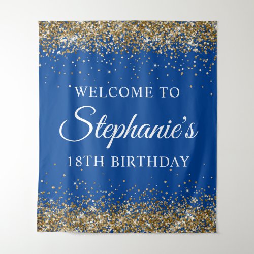 Gold Glitter Deep Blue 18th Birthday Party Welcome Tapestry