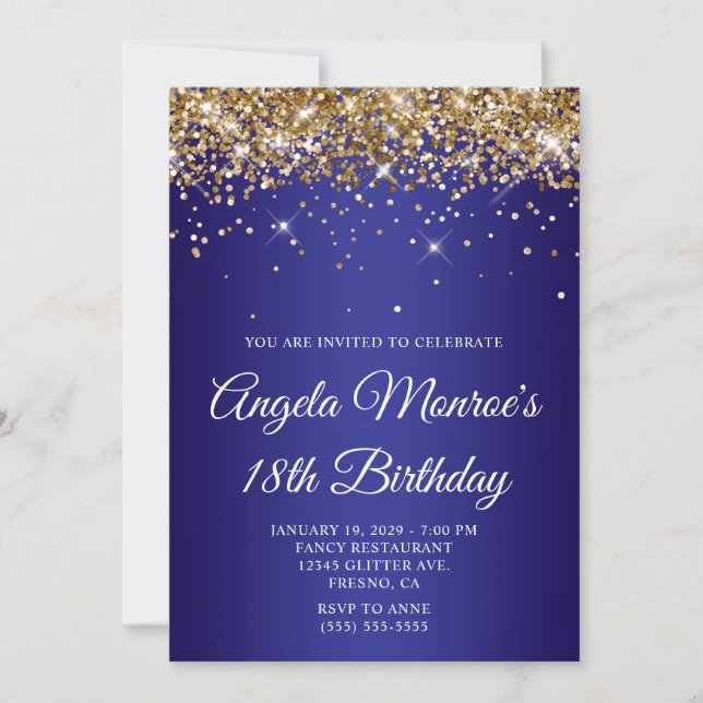 Gold Glitter Deep Blue Gradient 18th Birthday Invitation (Front)
