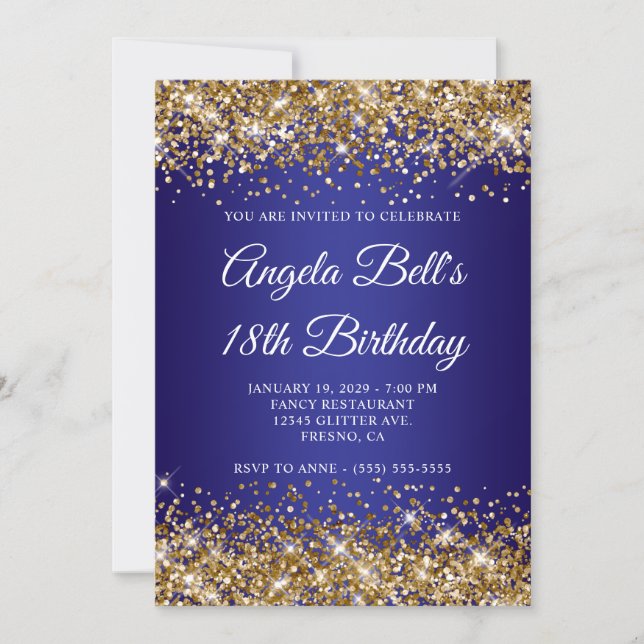 Gold Glitter Deep Blue Ombre 18th Birthday Invitation (Front)