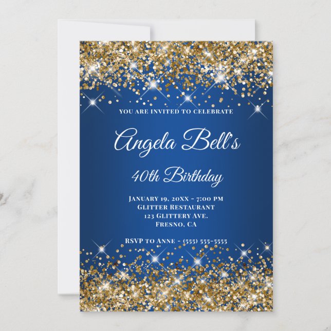 Gold Glitter Deep Blue Ombre Fancy Monogram Invitation (Front)