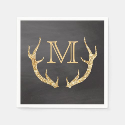 Gold Glitter Deer Antlers Chalkboard Monogram Napkins