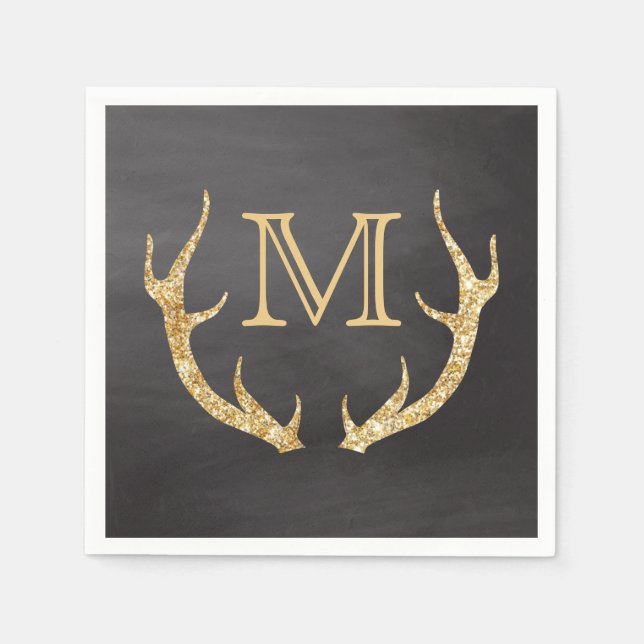 Gold Glitter Deer Antlers Chalkboard Monogram Napkins (Front)