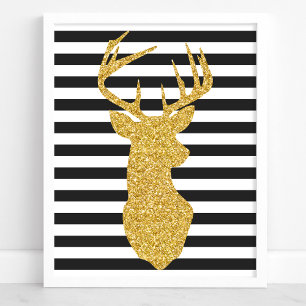 Gold Glitter Deer Black and White Stripes Poster
