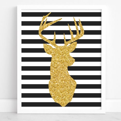 Gold Glitter Deer Black And White Stripes Poster