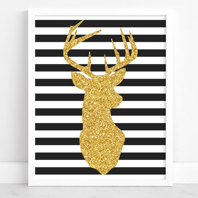 Gold Glitter Deer Black and White Stripes Poster (Creator Uploaded)