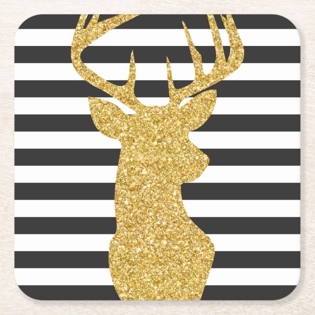 Gold Glitter Deer Black & White Stripes Square Paper Coaster (Front)