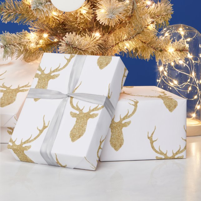 Gold Glitter Deer Head Silhouette Wrapping Paper (Holidays)