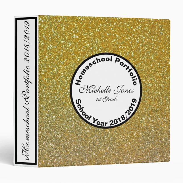Gold Glitter Design Homeschool Portfolio Name 3 Ring Binder (Front/Spine)