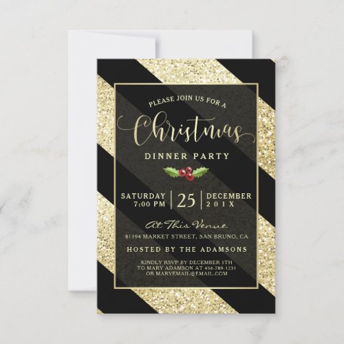 Gold Glitter Diagonal Stripes Christmas Party Invitation