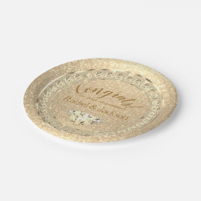 Gold Glitter Diamond Engagement Party Paper Plates (Angled)