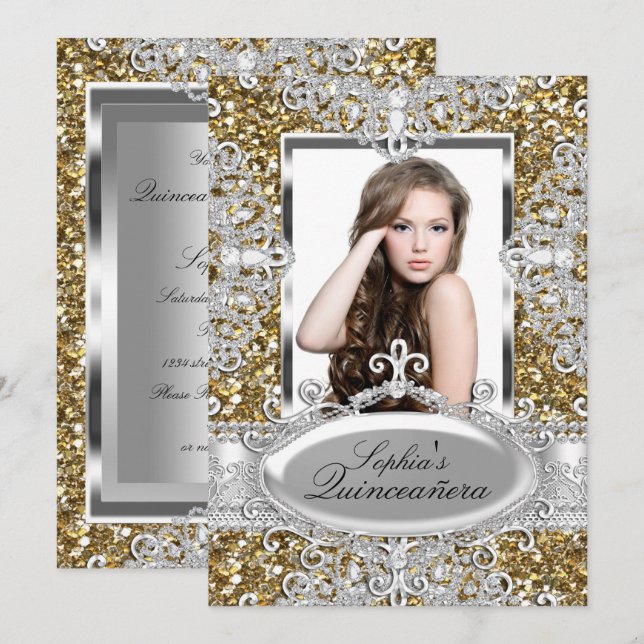 Gold Glitter Diamond Glamour Quinceanera Invite (Front/Back)