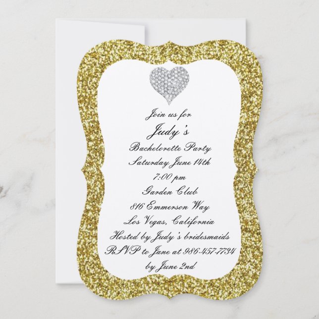 Gold Glitter Diamond Heart Bachelorette Party Invitation (Front)