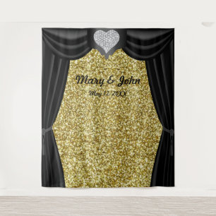 Gold Glitter Diamond Heart Black Curtain Backdrop