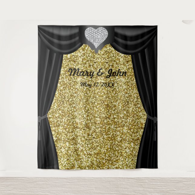 Gold Glitter Diamond Heart Black Curtain Backdrop (Front)
