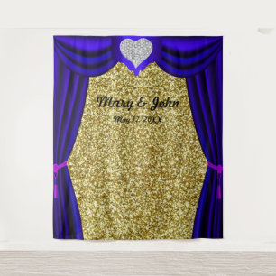 Gold Glitter Diamond Heart Blue Curtain Backdrop