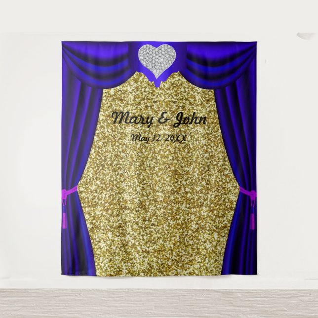 Gold Glitter Diamond Heart Blue Curtain Backdrop (Front)